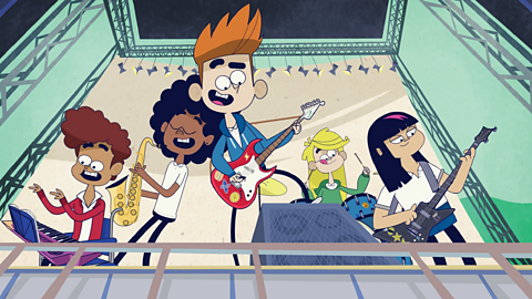 A cartoon of children in a band playing different musical instruments on a stage