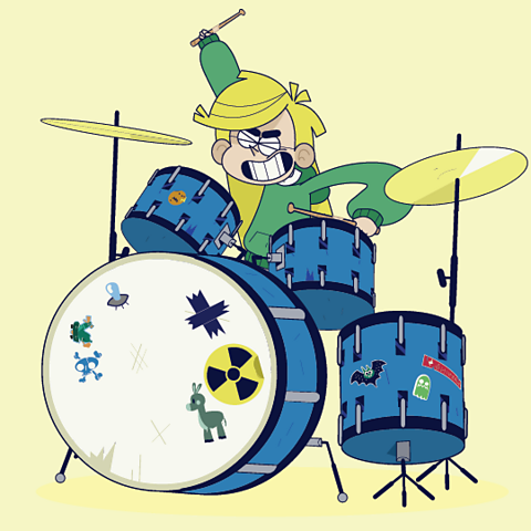 Cartoon image of a girl playing the drumkit on a yellow background.