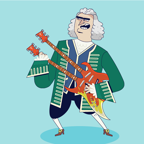 A cartoon of Bach playing the guitar