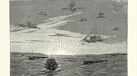 19th Century illustration depicting sea vessels in the sky.