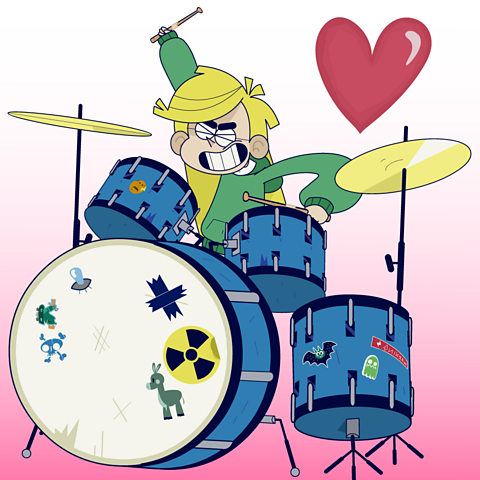 Izzy playing drums on a drum kit. A heart behind her to illustrate the pulse of the music.