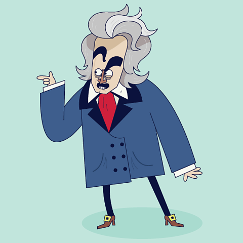 A cartoon of Beethoven pointing to the text on the left.