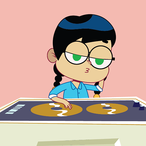 A cartoon of a girl being a dj.