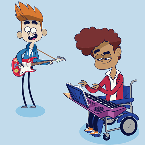 A cartoon of a boy playing an electric guitar and a boy sat in a wheelchair playing a keyboard.