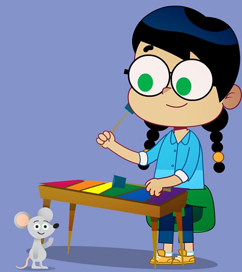 A cartoon girl playing music on a xylophone for a mouse.