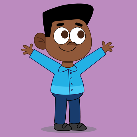 A cartoon boy with hands in the air ready to move