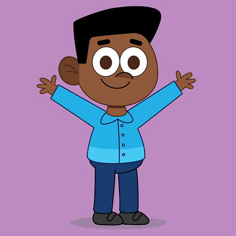 Cartoon boy demonstrating high pitch with arms in air