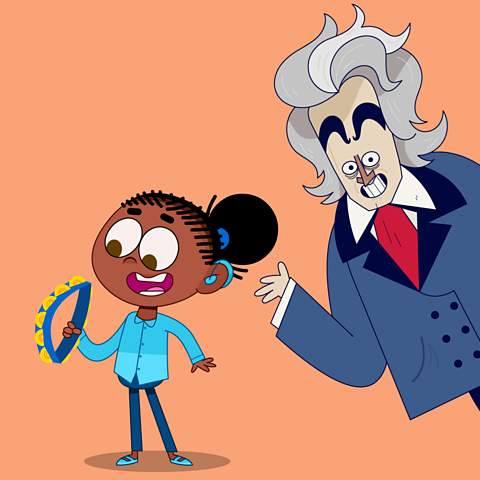 Cartoon of a girl playing a tambourine and Beethoven looking on.