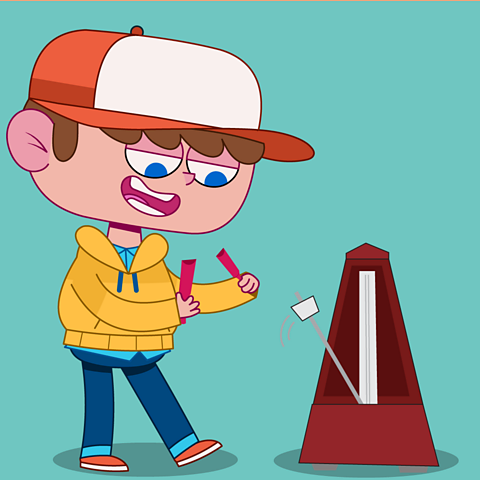 Cartoon of a boy playing wooden sticks instrument in time with a metronome.