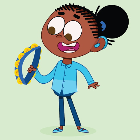 A cartoon of a girl playing a tambourine.