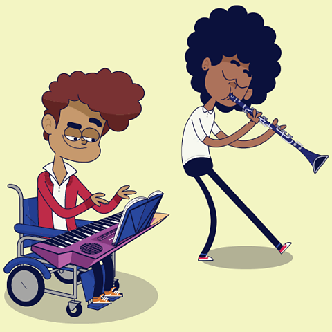 A cartoon of a girl playing the clarinet and a boy sat in a wheelchair playing a keyboard.