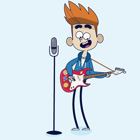 A cartoon of a boy playing an electric guitar and singing.