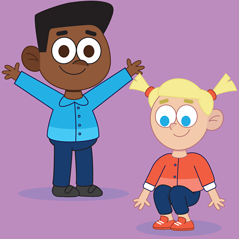 A cartoon of a boy waving his hands in the air and girl crouching down low. 