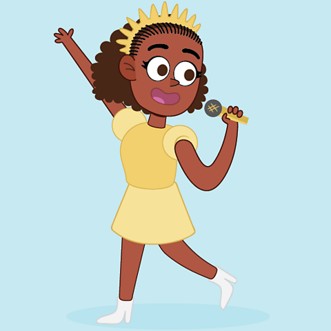 A cartoon of a musical theatre girl singing and dancing.