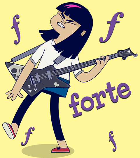 Ruby from Lightning Jelly playing her bass guitar loudly. The word forte and some 'f' symbols are around her.