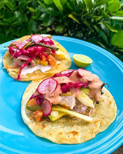 Heimata Hall Heimata Hall's Tahitian poisson cru tacos (Credit: Heimata Hall)