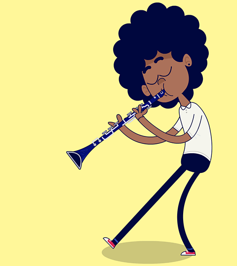 A cartoon character called Asha playing a clarinet.