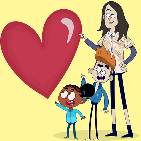 An illustrated heart with Anna Meredith and two children pointing at it.