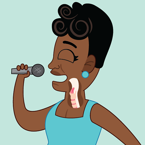 A cartoon of Ella Fitzgerald facing towards the left showing the larynx.