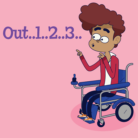 A cartoon of a boy in a wheelchair breathing out for 1,2,3.