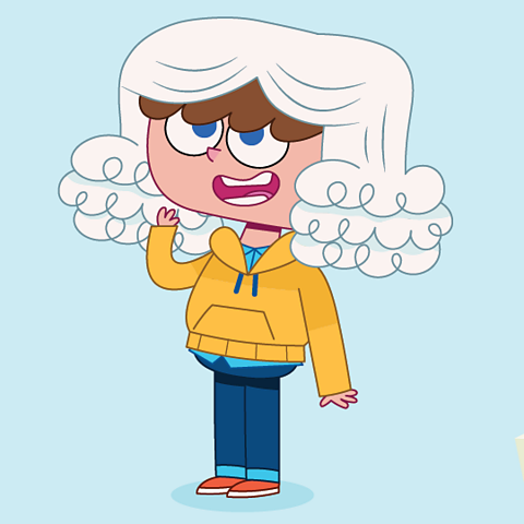 A cartoon of a boy wearing a wig.