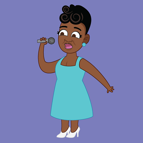 A cartoon of Ella Fitzgerald singing into a microphone.