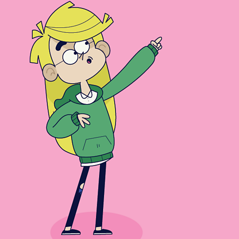 A cartoon of a young girl with her arm up and pointing