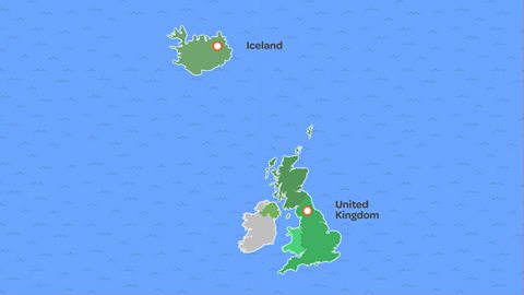 Map showing Iceland and the United Kingdom.