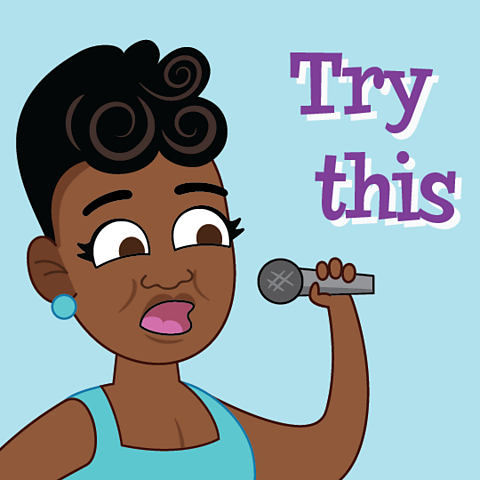 A cartoon of Ella Fitzgerald with a mic in her hand saying "Try this".