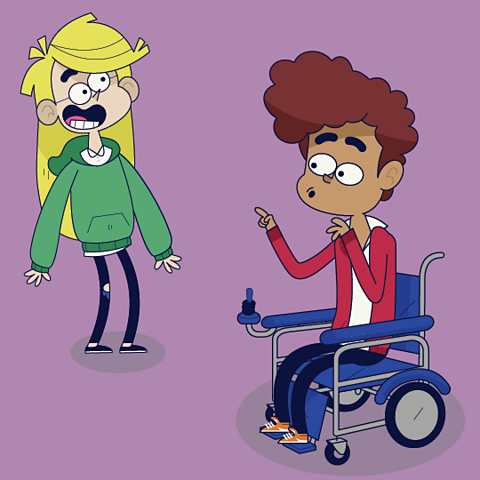 A cartoon of a girl screaming and a boy sat in a wheelchair singing.