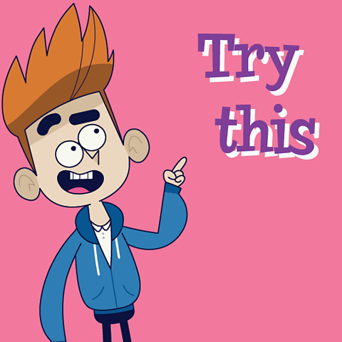 A cartoon of a boy pointing and saying "Try this".