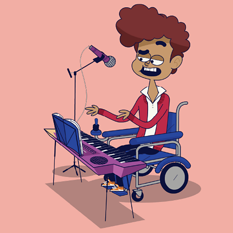 A cartoon of a boy sat in a wheelchair singing and playing the keyboard.