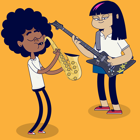 Asha playing the saxophone and Ruby playing the bass guitar.