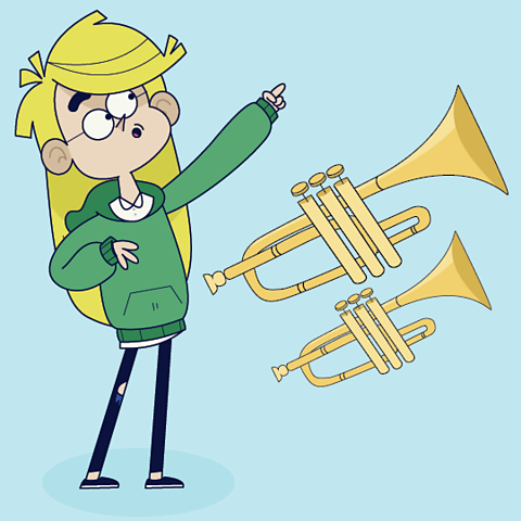 A cartoon of a girl pointing at two trumpets.