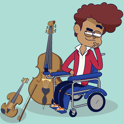 A cartoon of a boy in a wheelchair with a double bass and violin resting nearby.