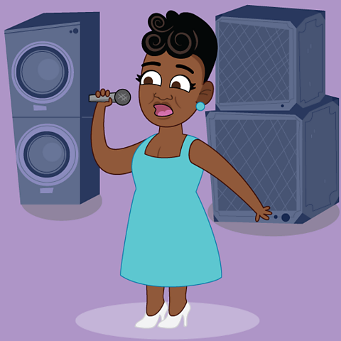 A cartoon of Ella Fitzgerald singing into a microphone.