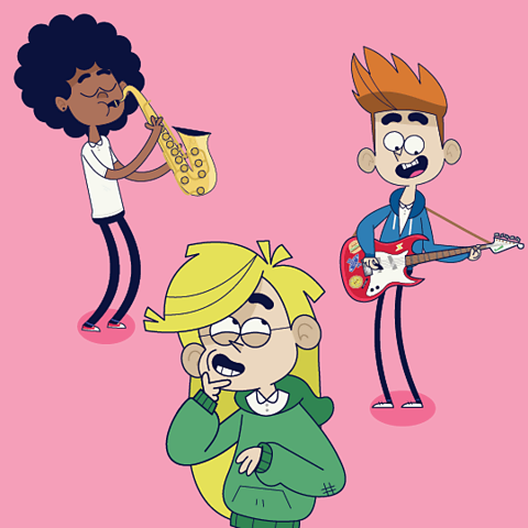 A cartoon of a group of children. A girl is playing the saxophone, a boy is playing an electric guitar and another girl is looking puzzled. 