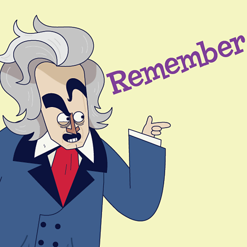 A cartoon of Beethoven pointing at the word remember.