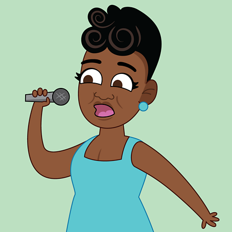 A cartoon of Ella Fitzgerald singing into a mic.