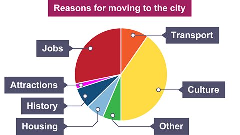 Pie chart showing the answers people gave when they were asked for the reason they moved to the city. The categories going from highest percentage to lowest percentage are culture, jobs, transport, history, housing, other and attractions. 