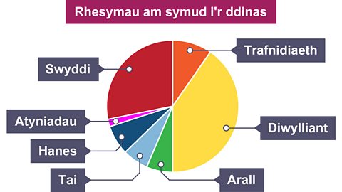 Siart cylch yn dangos yr atebion gafodd eu rhoi gan bobl pan gofynnwyd iddyn nhw am y rheswm wnaethon nhw symud i'r ddinas. Y categorïau yn mynd o'r canran uchaf i'r canran isaf yw diwylliant, swyddi, trafnidiaeth, hanes, tai, arall ac atyniadau.