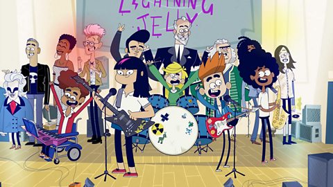 A cartoon of Lightning Jelly performing on stage with all the other characters.