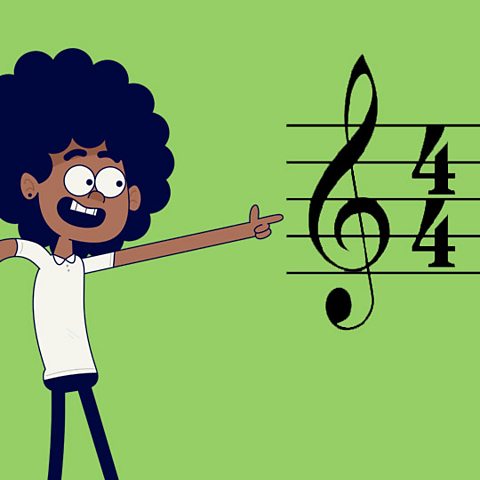 A cartoon of a girl pointing to a time signature on a stave.