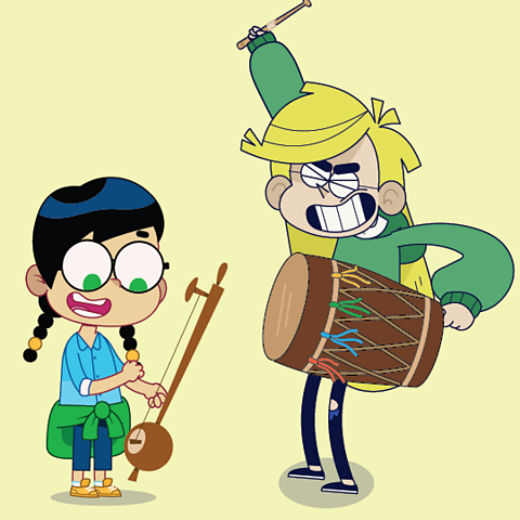 A cartoon of a young girl playing a tumbi and a slightly older girl playing a dohl drum with a drum stick.