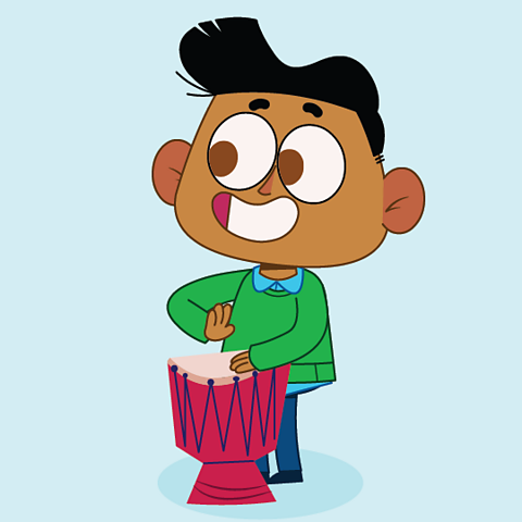 A cartoon of a young Indian boy playing the tabla.