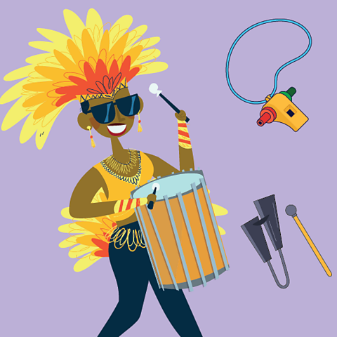 A cartoon image showing a female Saba drummer, a samba whistle and cowbell.