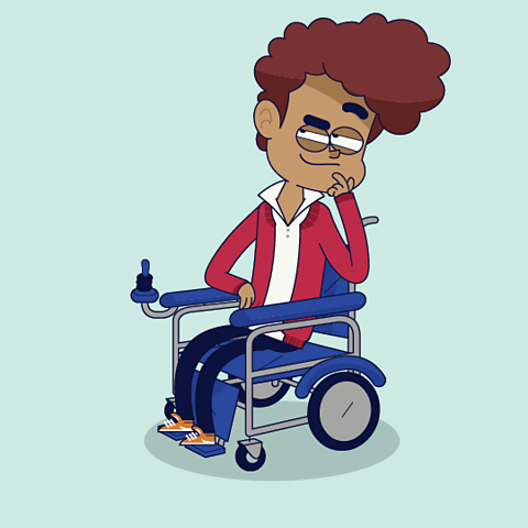 A cartoon of a boy in a wheelchair thinking.