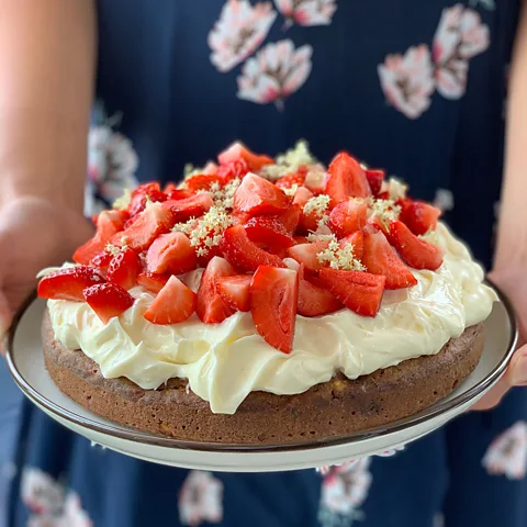 Emma Shields The key ingredients in Emma Shields's Midsummer cake are layers of sponge, vanilla whipped cream and hulled strawberries (Credit: Emma Shields)