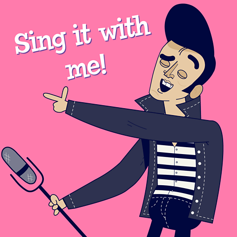 Cartoon Elvis Presley singing and shouting "sing it with me!" to the crowd.