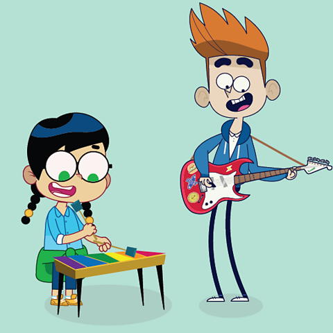 A cartoon image of a girl playing a xylophone and a boy playing an electric guitar.